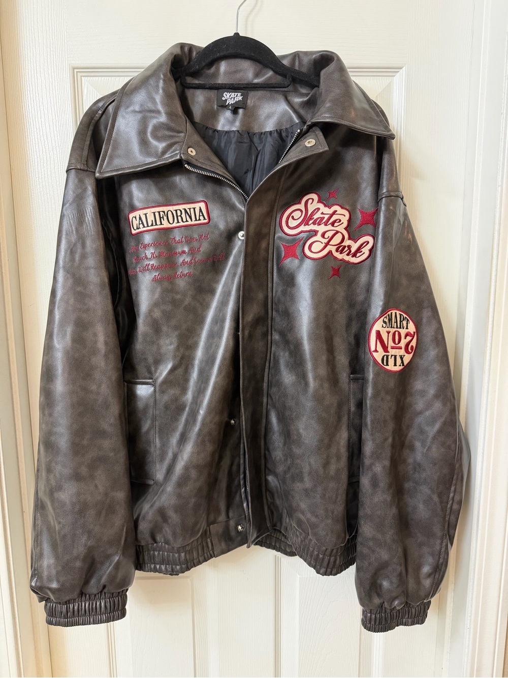 Men's Skate Park Brown Embroidered Faux Leather Varsity/Bomber Jacket NWOT